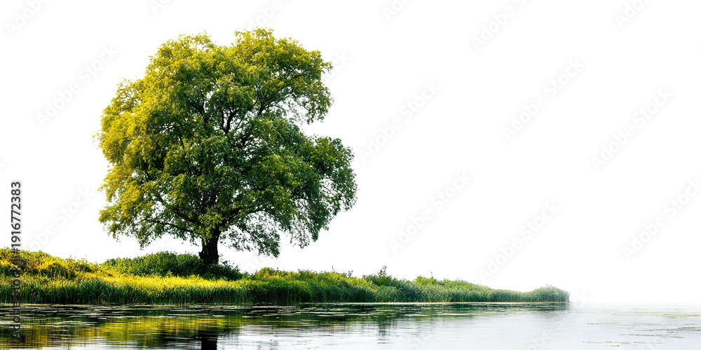 Naklejka premium Large lush tree by a calm riverbank, isolated on transparent cutout background