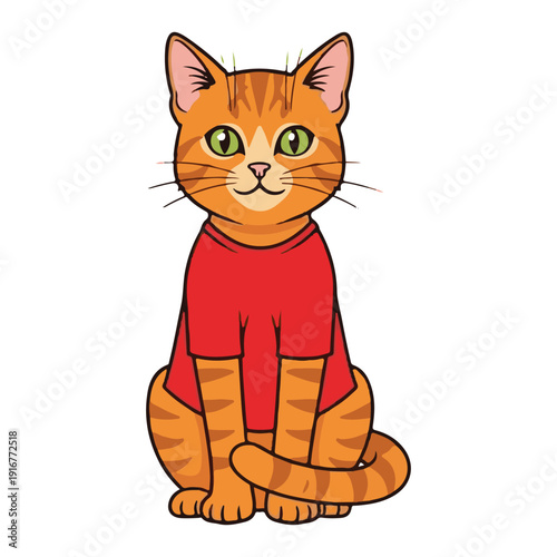 A cartoon cat character wearing a red shirt is sitting facing the camera in vector style.