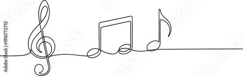 Continuous one line drawing of a treble clef and musical notes for arts and audio design