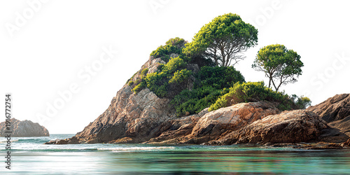 Rocky coastal island with green trees and turquoise water, isolated on transparent cutout background