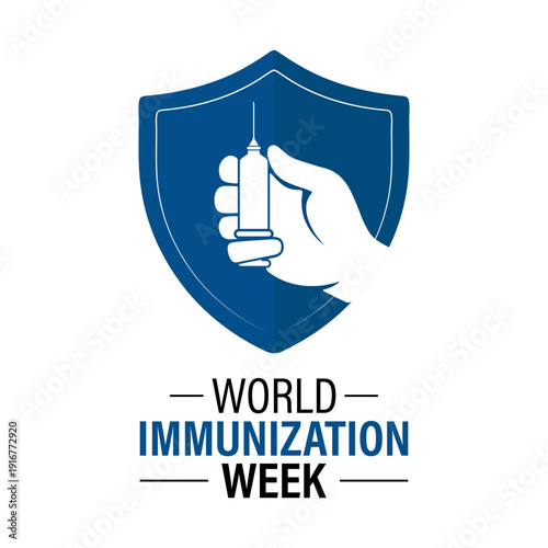 Vector graphic of World Immunization Week poster collection featuring shield symbols, vaccine syringes, protective hands, and family care icons in modern flat vector style. Banner poster, flyer .
