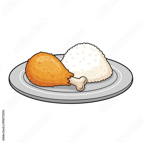 Fried chicken icon with white rice served on a plate in cartoon style and vector form. Lunch menu