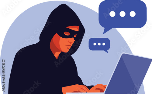 Flat vector illustration of a masked hacker in a hoodie using a laptop for cybercrime activities