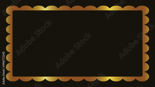 Golden scallop frame. Metallic gold border. Luxury vector frame. Royal gold outline. Dark background art. Decorative border. Gold rectangle tag. Elegant frame png. Scalloped edge gold. Premium border 