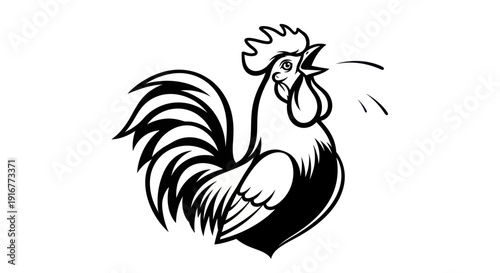 Black and white rooster illustration graphic design isolated on white background