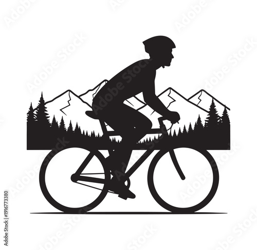 cyclist riding bicycle in front of mountain range and trees