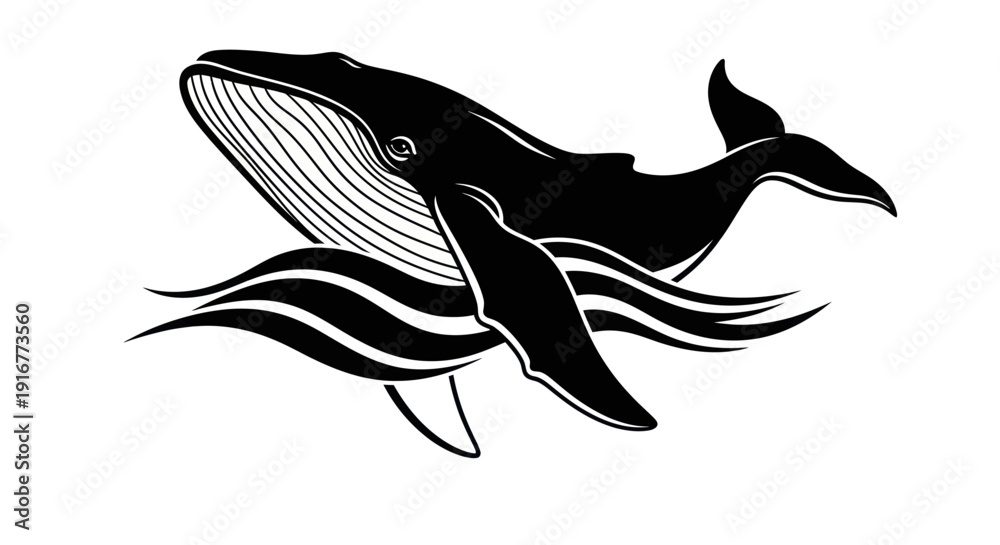 Fototapeta premium Black and white whale illustration aquatic mammal in a minimalist style