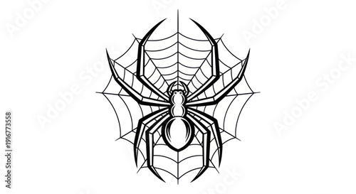 Black and white vector illustration of a spider and its web on white background