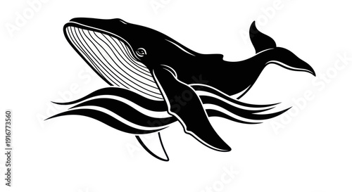 Black and white whale illustration aquatic mammal in a minimalist style