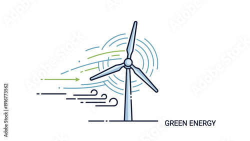 Wind turbine icon with stylized air flow lines and green energy text highlights renewable power and environmental protection.