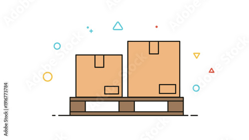 Logistics icon shows two cardboard boxes of different sizes sitting on a wooden pallet surrounded by colorful abstract geometric shapes.