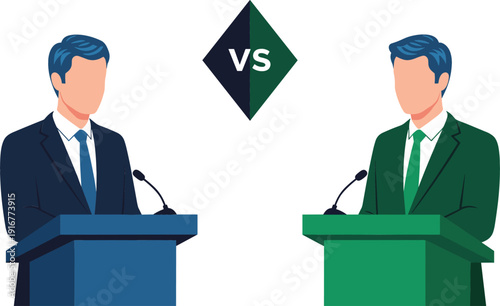Flat vector illustration of two politicians in suits at podiums for a debate or comparison