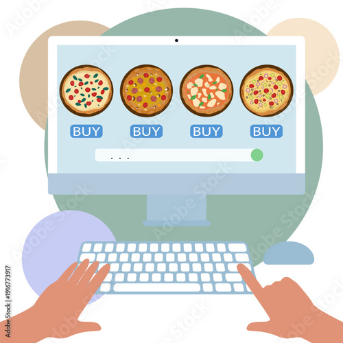 Desktop PC screen with a selection of different types of pizza and an Order button and human hands