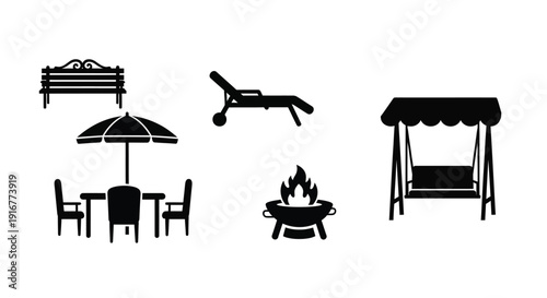 Outdoor furniture icons including a bench chair and firepit silhouette