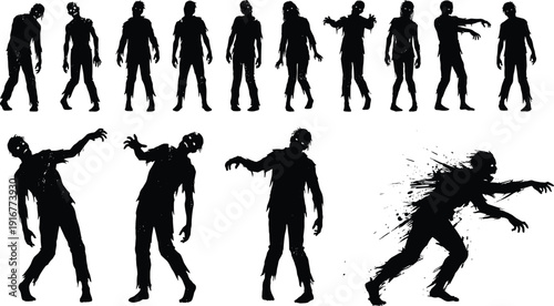 Zombie Silhouette Set in Various Walking and Attacking Poses Isolated on White Background for Halloween Horror Design