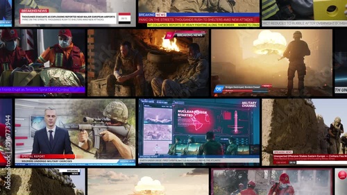 News Mosaic Shows Movement and Active Phases of Events. Rescue Workers on Red Uniforms Provide Aid and News Live Screens Display Footage of Fires. Concept of Rapid Spread of Negative Information.