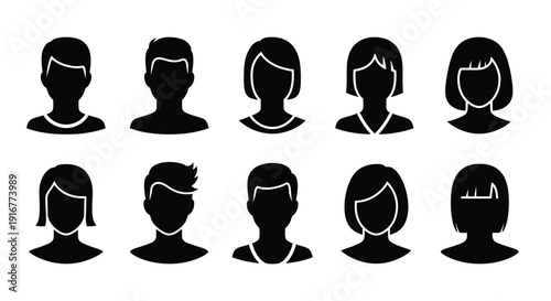 Diverse group of head silhouettes representing different hairstyles silhouette