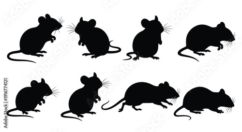 A collection of black mouse shapes in various poses silhouette