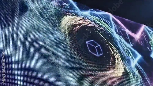 Abstract swirling digital vortex with a translucent cube, showcasing dynamic movement and futuristic visualization