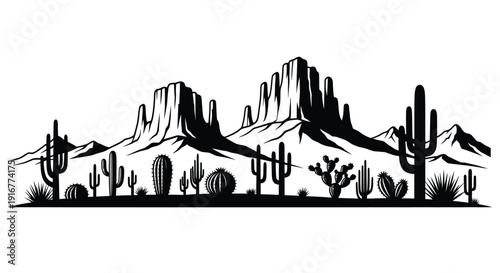 Desert landscape featuring cacti and mountains a striking silhouette
