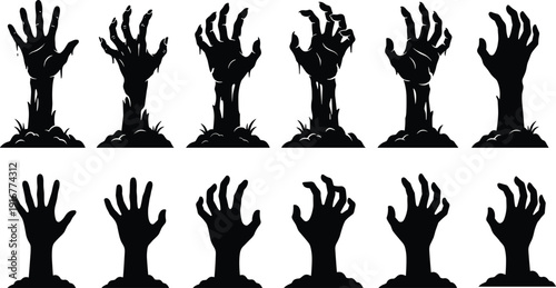 Zombie Hands Silhouette Set Emerging from Ground in Creepy Halloween Horror Style Isolated on White Background