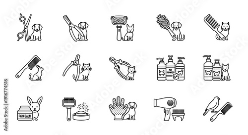 Grooming session icons featuring pets, accessories, and pet care products in a simple line art style on a clean background from a straightforward viewpoint