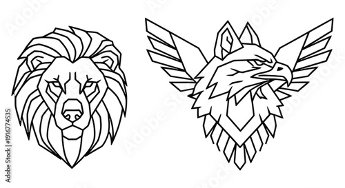 Detailed illustration of a lion's head and a wolf's head with wings, symbolizing strength and freedom in a stylized graphic design format.