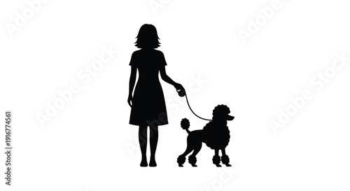 Woman walking a poodle dog on a leash black silhouette