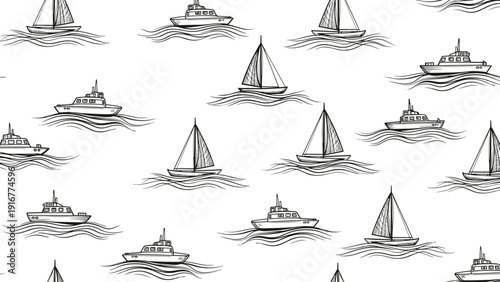 Classic black and white seamless pattern features hand drawn sailboats and motorboats sailing on waves for a nautical vintage look.