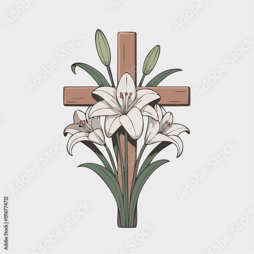 White lilies with wooden cross in religious symbol design  