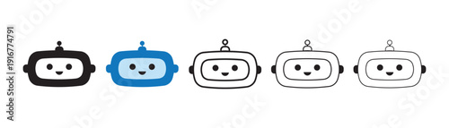 Set of Friendly cute robotic square face icon , robot symbol vector illustration. Thin line sign. Robot icons. Robot Head Icon Set Vector Simple Thin Line Outline Design.