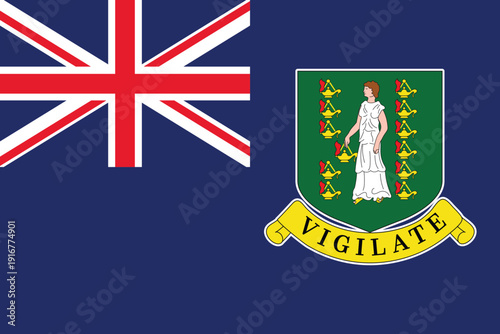 High-quality illustration of the British Virgin Islands flag. Features the Blue Ensign, Union Jack, and coat of arms depicting Saint Ursula with eleven oil lamps and Vigilate motto