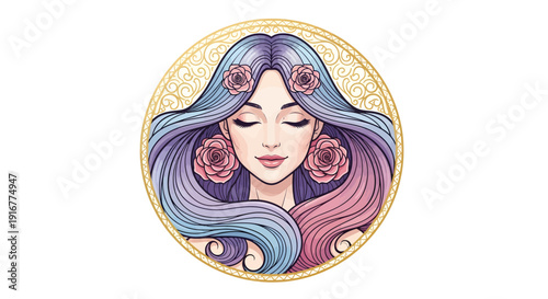 Beautiful woman with flowing pastel hair and roses in a golden circle.