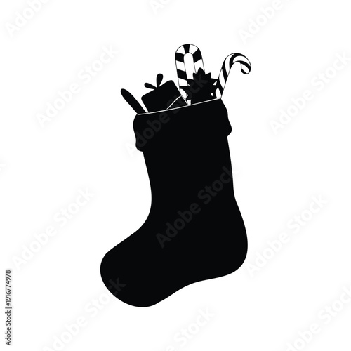 christmas stocking filled silhouette vector illustration, Festive christmas stocking filled with candy canes and gifts silhouette vector illustration