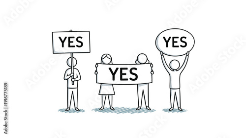Group of four stick figure people hold signs and a banner with the word yes expressing positive agreement and collective support.