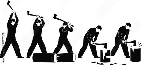 Black vector silhouette set of male lumberjacks chopping logs with an axe showing a sequence of motion for woodworking labor and forestry branding