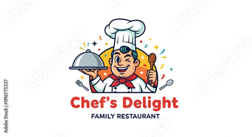 Chefs Delight Family Restaurant Logo with Chef Holding Food.