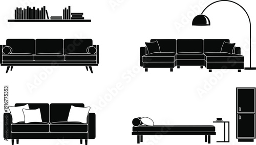 Black vector silhouette set of modern living room furniture featuring various sofas couches a floor lamp bookshelf and side table for interior design branding