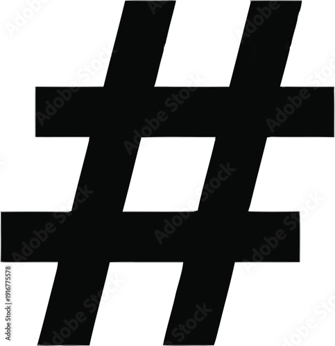 Bold black hashtag symbol isolated on a transparent checkered background, graphic design element