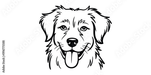 Black and white line art illustration of a happy golden retriever dog head with its tongue out.