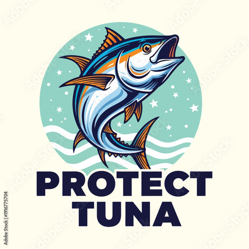 Protecting tuna fish ocean conservation illustration with starry background and waves