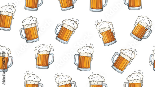 Refreshing seamless pattern displays mugs of cold beer with thick white foam heads scattered over a clean white background.