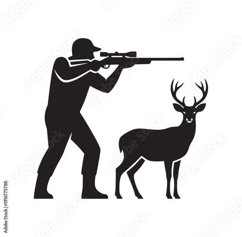 Hunter aiming rifle at deer in wildlife hunting scenario with caution and precision