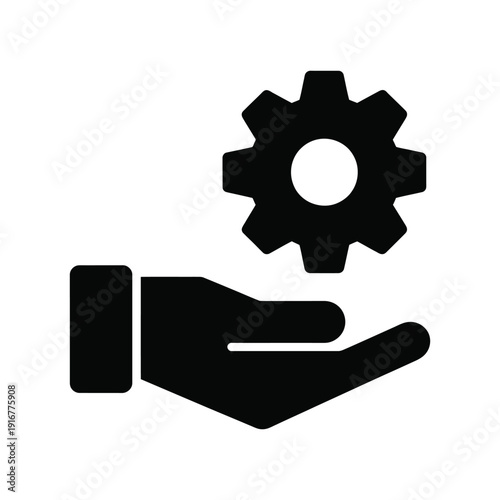 Hand holding gear icon isolated on transparent background, cogwheel setting in palm, service concept symbol