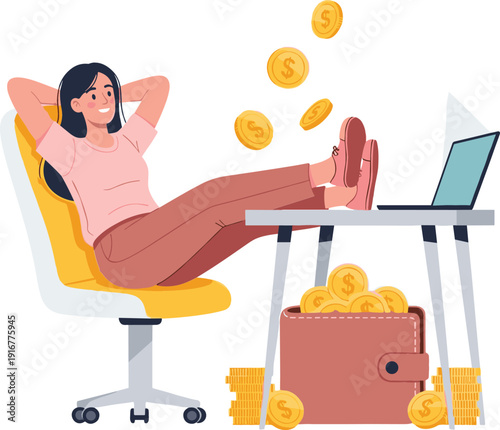 Woman relaxing at desk with feet up earning passive income with laptop and large wallet of coins