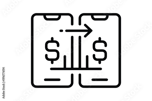Online mobile money transfer concept vector illustration featuring two smartphones with dollar symbols and arrows for transaction