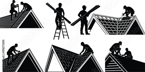 Black vector silhouette set of professional roofers working on residential rooftops installing shingles and carrying materials for home construction repair and renovation branding