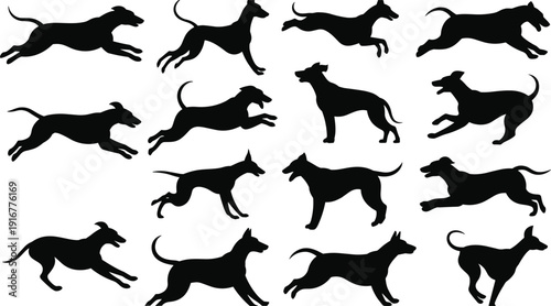Dog Silhouette Running Jumping Canine Pet Animal Motion Speed Vector Illustration Collection