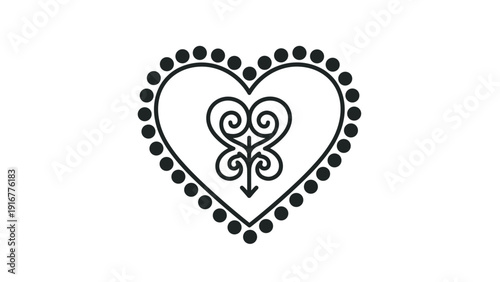 Stylized black and white heart emblem featuring a decorative internal spiral design and a dotted outer border on a plain white background.