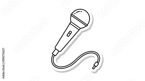 Clean black and white line art sticker illustration of a handheld microphone with a cable, perfect for audio or music related designs.